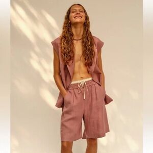 Zara Linen Pink Relaxed Shorts Vest Set, Size S